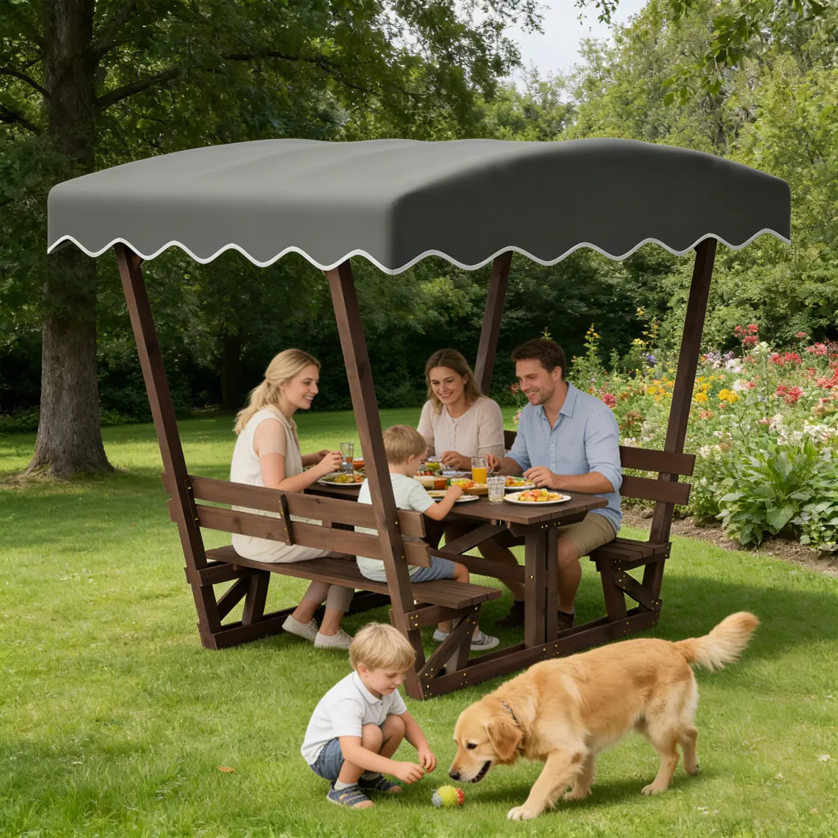 [Bellemave] 5'x3' Wooden Gazebo for Patio Garden, Outdoor Canopy with Waterproof Oxford Top, Bench with Backrest, Breathable Tabletop & Rust-Resistant Frame, for Park Beach Deck, Brown