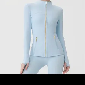 Women's 2-Piece Yoga Set - Baby Blue Long-Sleeve Zipper Jacket, High-Waist Leggings for Fitness With Logo
