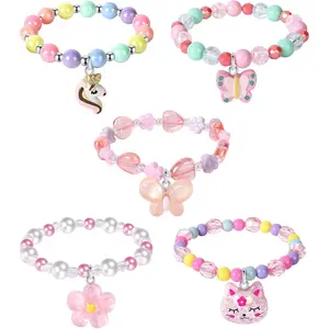KF5-HBL03  5 Pieces Colorful Girls Unicorn Bracelets Rainbow Beaded Bracelet for Birthday Party Favors Flower Friendship Bracelet Jewelry Little Girls Toddler Costume Butterfly Jewelry