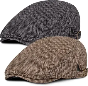 2 Pack Newsboy Cap for Men Adjustable Herringbone Tweed Wool Hats Blend Flat Cap Ivy Cabbie riving Hat