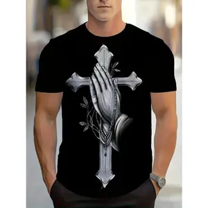 Black & White Praying Hands Cross T-Shirt for Men & Women - Geometric Religious Graphic Tee, Regular Fit Crew Neck Short Sleeve, Casual Top for Gardening, Everyday Wear & Birthday Gift, Machine Washable