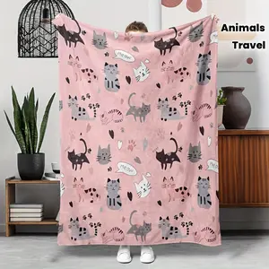 Cozy Cat-Themed Flannel Throw Blanket - Durable All-Season, Versatile for Couch & Travel, Ideal Gift for Family, Flannel Blankets