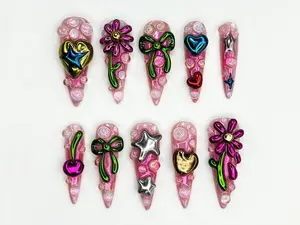 Alice WonderNails – Metallic Bubble Press On Nails | 3D Chrome Star & Heart Nail Art | Y2K Cherry Bow Nails | Iridescent Pink Funky Nail Set – AW281