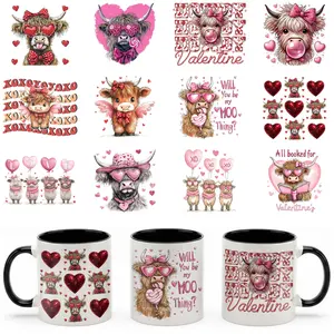 Valentine's Day Highland Cow UV DTF Transfer Customizable Stickers, Romantic Floral & Heart Design, Durable for Mugs & Tumblers, Ideal for Crafters