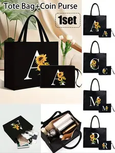 black Linen Tote Bag, Including A Printed Initials A-Z Tote Bag And A Printed Small Bag, Sunflower Flower Print，Letters, Flowers, Personalized Gift Package, Linen Black Tote Bag
