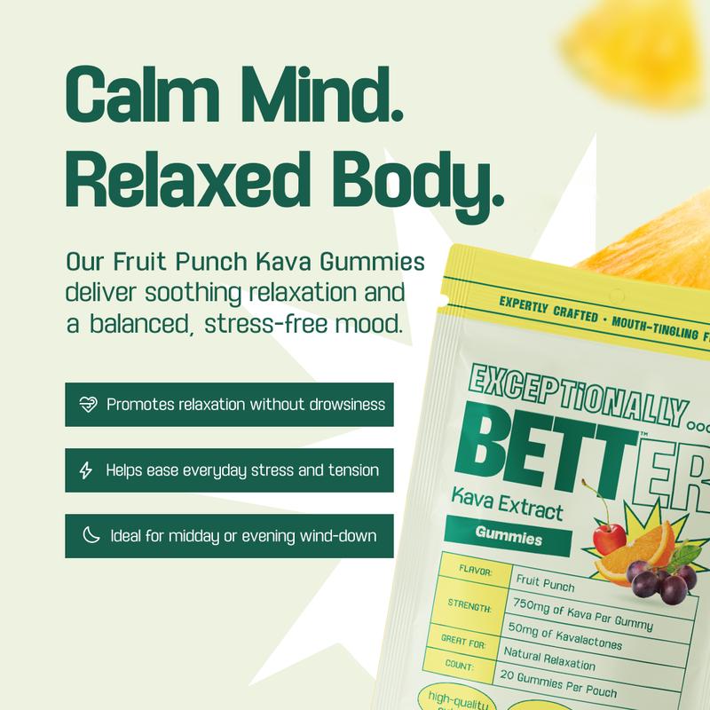 BETT Natural Calm Kava Gummies - Fruit Punch, 50mg Kavalactones, Vegan & Gluten-Free, 20 Gummies Per Pouch, Third-Party Lab Tested, Perfect for Relaxation