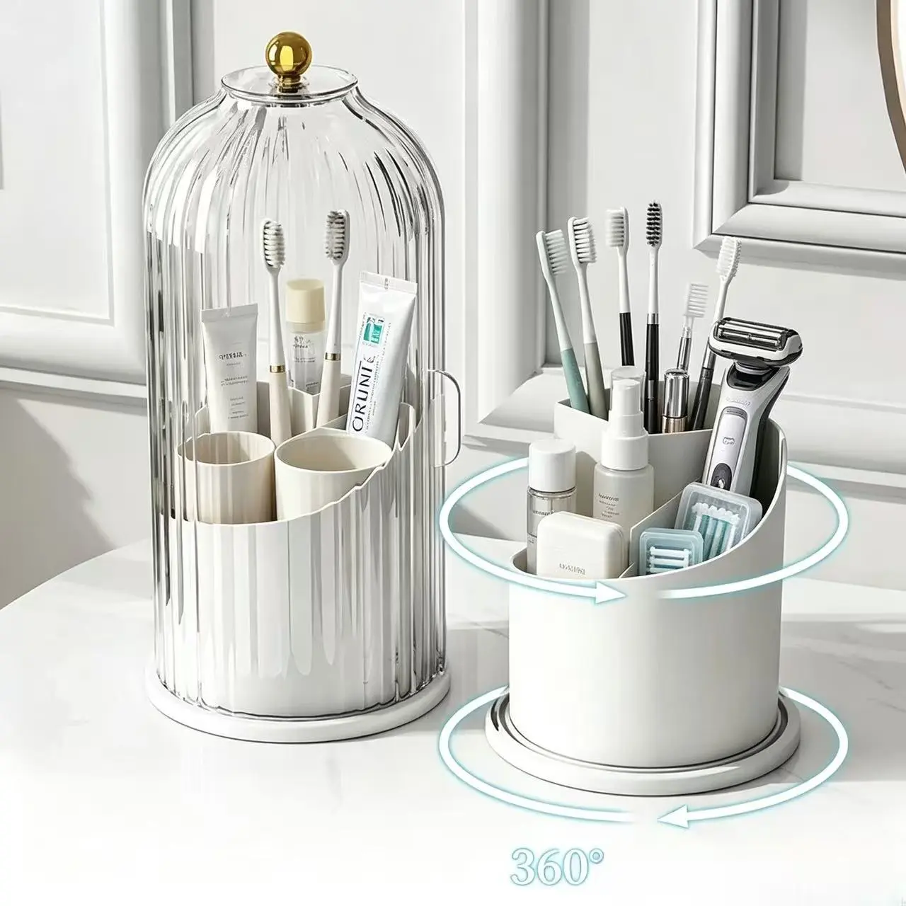 Dustproof Toothbrush Holders with Cover, 360Rotating Electric Toothbrush and Toothpaste Holder for Bathroom Countertop, 3 Slots Transparent Make up Brushes Organizer for Vanity Toothbrush  Brushes  Storage Bucket,Mother's Day Gift
