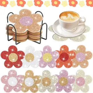 10 sets of irregularly shaped flower-patterned artificial diamond painted coasters, DIY crystal diamond painted wooden table art coasters with stands, suitable for adult office coffee MATS, family coasters, Diamond Painting Coasters, supplies and gifts
