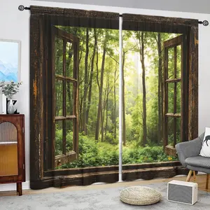 Forest Pattern Door Curtain, 1 Set Wooden Frame Design Door Curtain, Home Decor for Living Room Bedroom, Room Divider Curtain