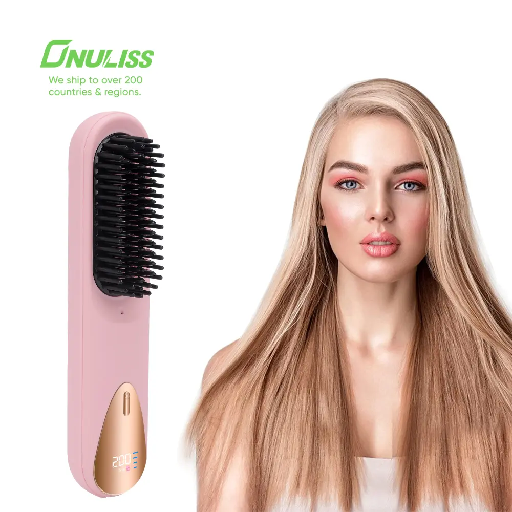 ONULISS Hair Straigthener Women Brush, Portable 50 million Negative Ion Hot Comb Type C Rechargeable Cordless Hair for Travel with 4 Temps 17909