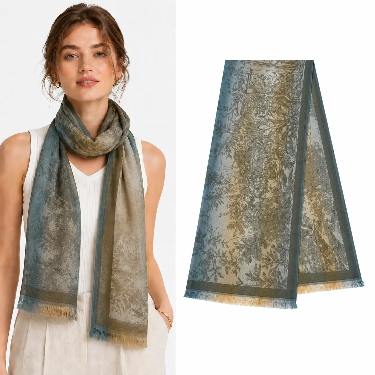 Women's Long Length Scarf, Oversized Vintage Gradient Botanical Jacquard Shawl, Silky Lightweight & Breathable with Tassels