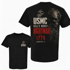 USMC Marine Corps, Semper Fi Since 1775, Veteran Military Pride Edition, Double Printed Oversize Lightweight Acid Washed Tee Hoodie Sweater Patriotic Graphic Design Top Cotton Streetwear