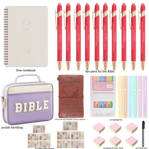 Bible Verse Ballpoint Pen Set, 1 Set Including 10pcs Ballpoint Pen & 1 Count Creative PU Leather Notebook & 1 Count Storage Bag & 6 Counts Highlighter & 6 Counts Sticky Note, School Supplies