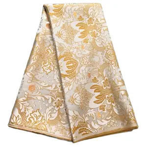 African Damask Aso Oke Fabric 5Yards Thick Quality Jacquard Brocade for Nigerian Wedding Headtie Gold Floral Design