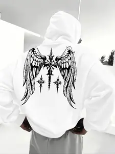 Men's Fall Winter Gothic Rock Hoodie Dark Angel Wing Cross Print, Casual Fitted Letter Pattern, Street Style Commute Wear, Stand Out in Crowds, Hoodies Streetwear, Letter Graphic Hoodie