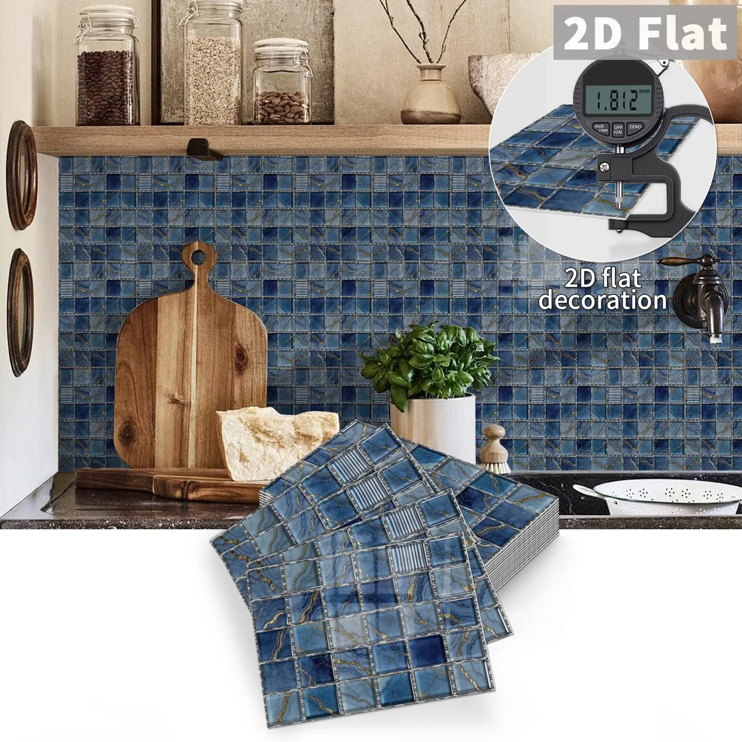 10 PCS Deep Sea Blue & Gold Vein Mosaic Square GST Tile Stickers | PE Crystal Foam Waterproof Anti-Collision | Peel & Stick Decor for Kitchen, Bathroom & Ceiling