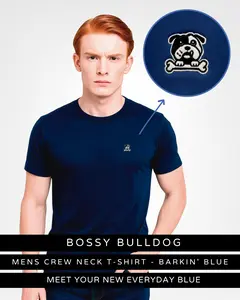 Bossy Bulldog Men's Premium Pima Cotton Crew Neck T-Shirt – Soft Breathable Luxury Casual Tee with Bulldog Logo Blue.