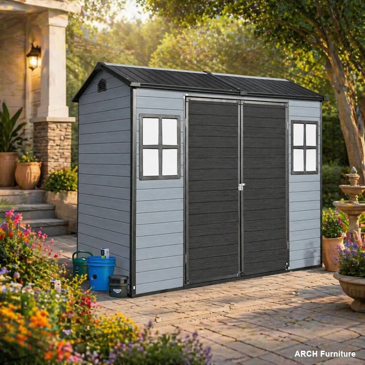 8x4ft High-Quality Double-Layer Resin Outdoor Storage Shed with Floor, 2 Windows, Lockable Door, Natural Light, Gray+Black Polypropylene Metal Workshop Building, 96.00x52.30x80.30 Inches Weatherproof Structure for Gardening Tool, Bicycle Storage