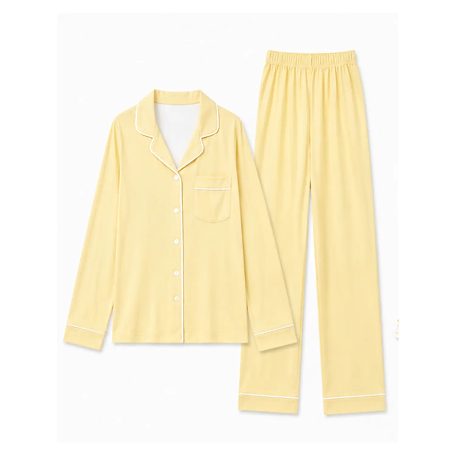 Women's Light Yellow Long Sleeve Button Front Pajama Set with Piping Trim and Pocket, Comfortable Autumn Winter Sleepwear