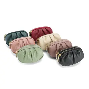 Small women's coin purse, simple PU design, multifunctional and practical, elegant pleated style, double-layer zipper coin purse for women hi bags Mini Pouch Closure cash envelopes wallet moms wel fashionwallet