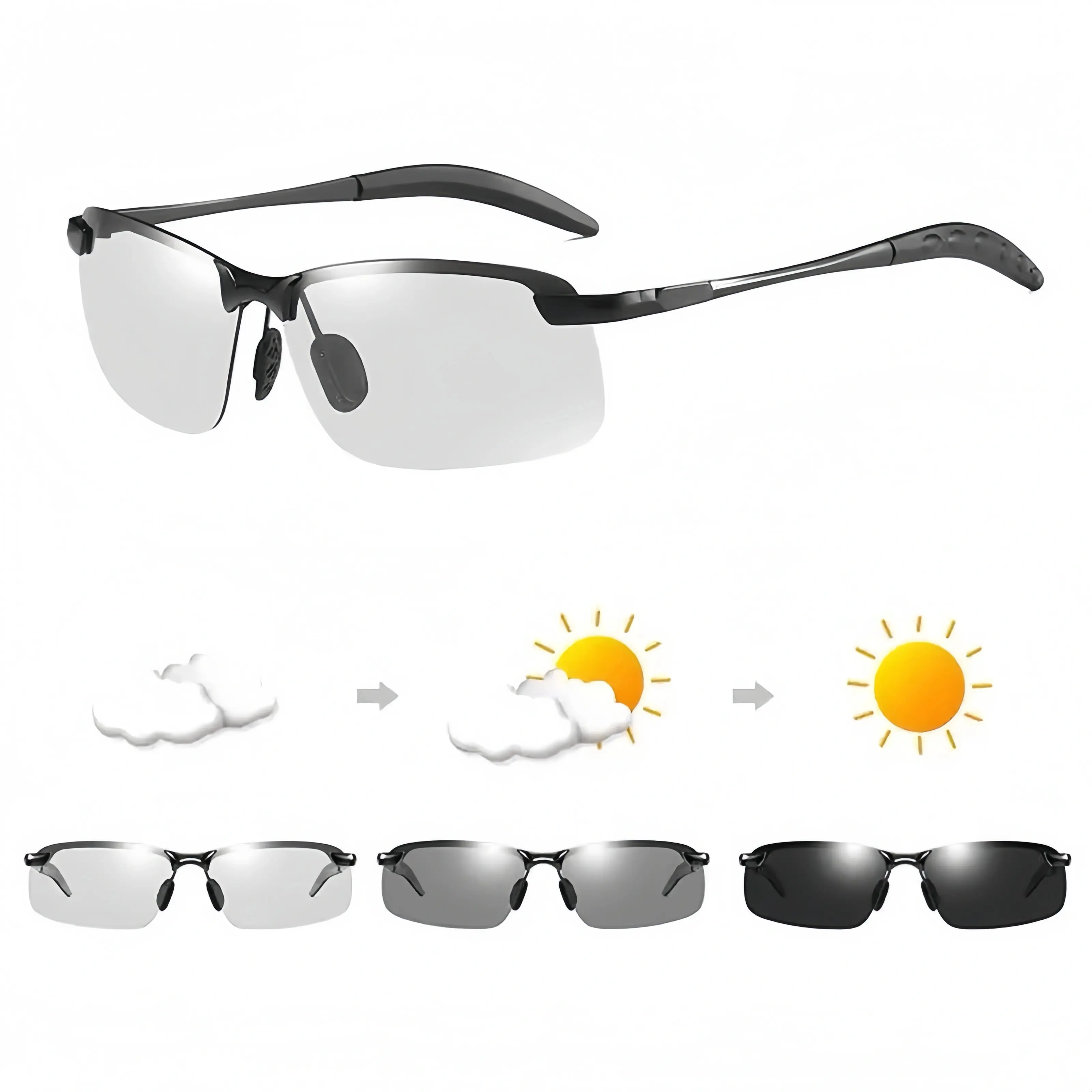 Unisex Rectangular Semi-Rimless Polycarbonate Sunglasses, Polarized UV400 Lenses, Comfortable Durable Sporty Street Style, PVC Frame, for Driving, Gifts for Him, UV Filtering Men's Sunglasses