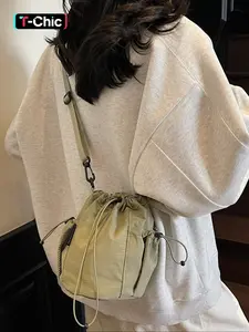 Women's Solid Color Bucket Bag, Fashionable Drawstring Design Crossbody Bag for Daily Used, Casual Trendy Versatile High-quality Daily Commuting Bag, Everyday Bag