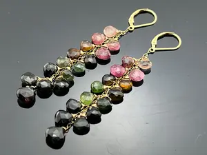 Long Watermelon Tourmaline Cascade Earrings • 14K Gold Filled Leverbacks • Genuine Gemstone Dangles • October Birthstone Gift for Her