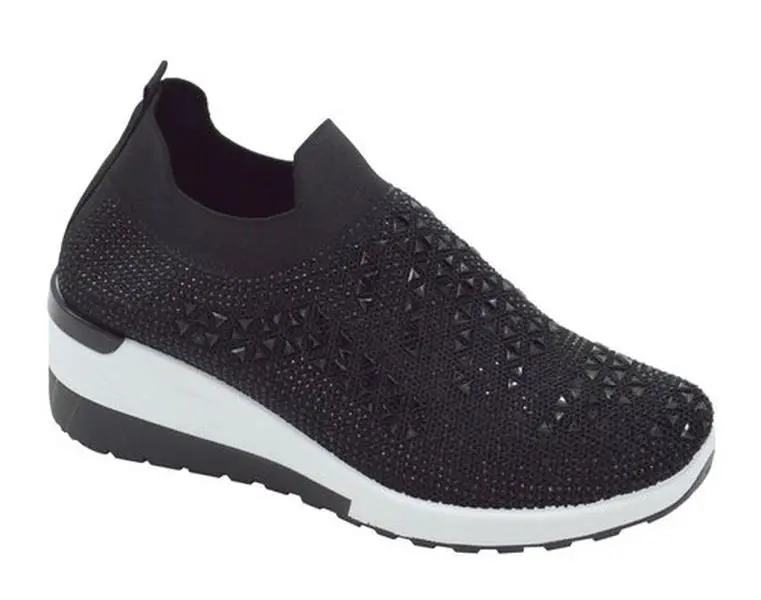 Women's Stylish Casual Rhinestone Slip-On Wedge Sneakers - Fabric Construction, Wedge Heel, Slip-On Convenience, Subtle Lift, Comfortable Footwear