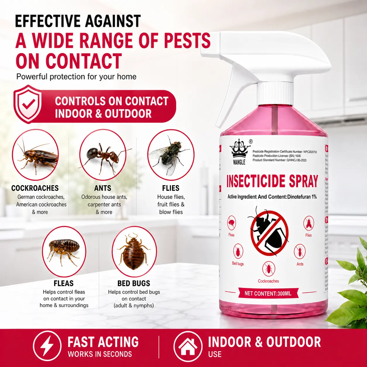 Multifunctional Pest Control - Suitable for cockroaches, ants, spiders, bed bugs and over 40 types of household pests. Can be used both indoors and outdoors. Safe for pets and families.