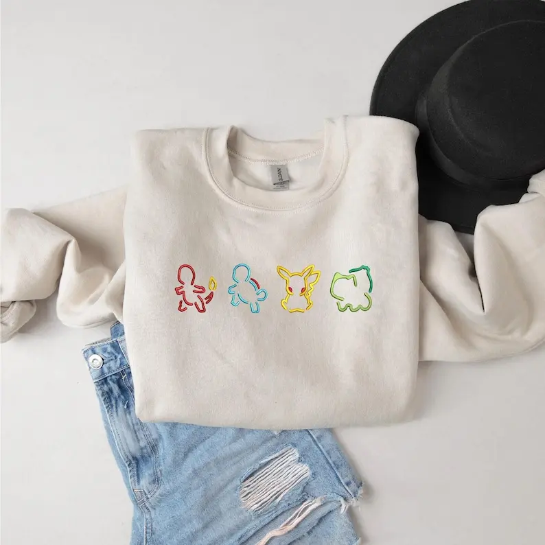 Embroidered Vintage Cartoon Sweatshirt, Trendy Retro Pikachuu Crewneck, Squirtle Lover, Gift for Him, Bulbasaur Hoodie, Charmander Pullover