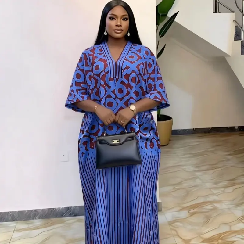 Hot-selling plus-size African-style orange geometric print boubou Ethnic Print Kaftan dress with short sleeves and V-neck, available in multiple colors, loose fit for everyday, party, gathering, vacation, and casual wear for women, with scarf and pocket