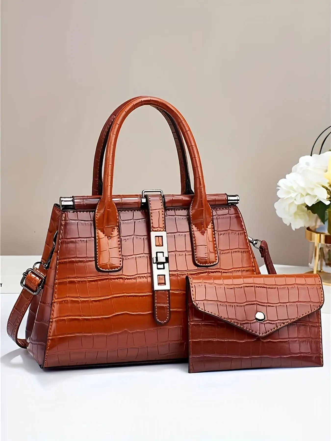 Women's Crocodile Embossed Shoulder Bag & Clutch Purse, 2pcs/set Trendy Ombre Handbag & Small Wallet, Elegant Bag Set for Daily Use