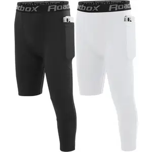Young Boys One Leg Compression Pants,Athletic 3/4 Football Tights,Youth Single Leg Sports Base Layer Leggings Pockets
