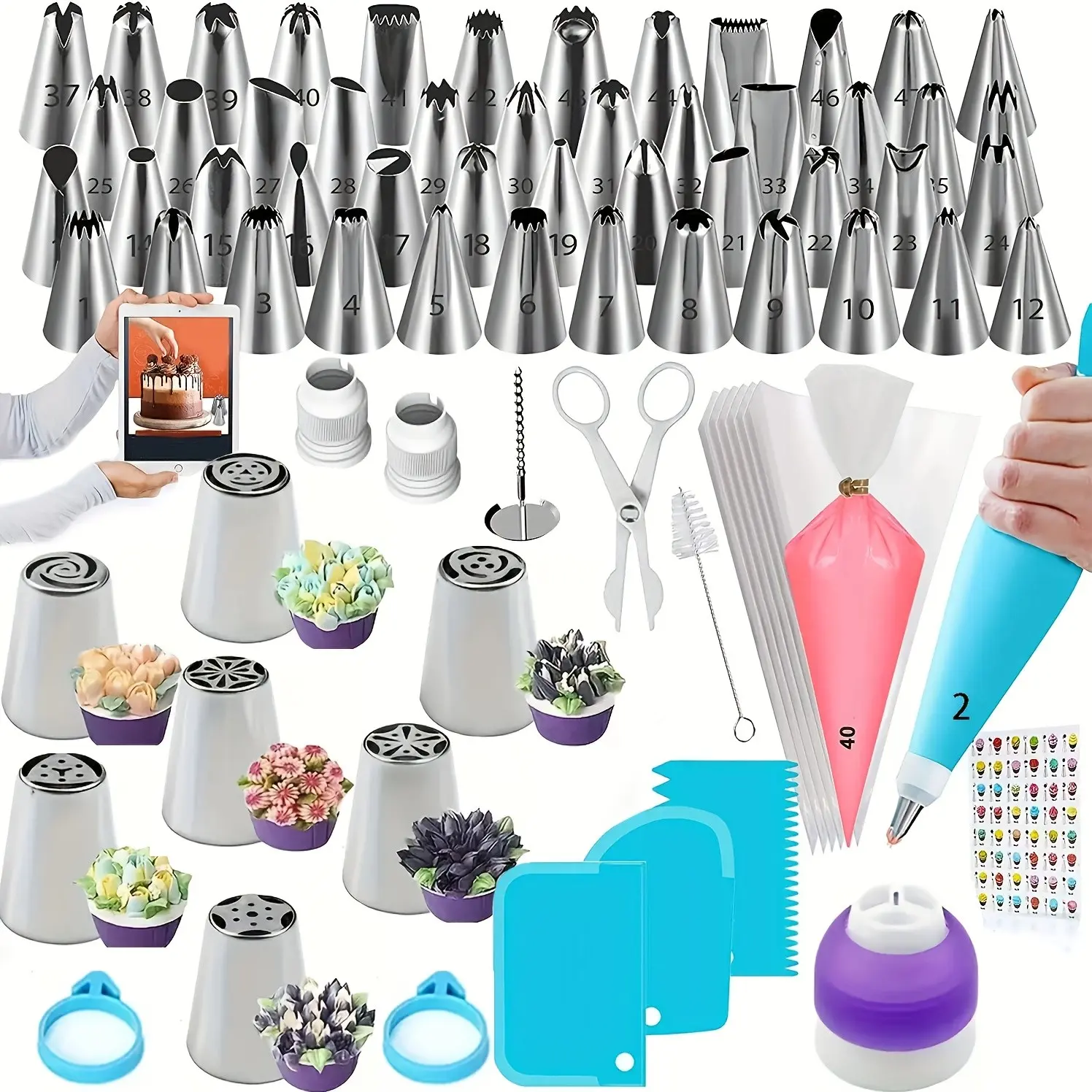 108 Piece Piping Bags and Tips Set, Includes 48 Tips, 7 Large Tips, 40 Disposable Bags, Reusable Blue Bags, Conversioners, Pastry Decorating Tools, Instructions