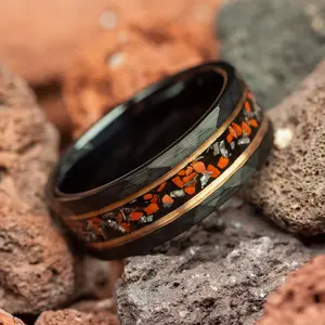 Dinosaur Bone & Meteorite with Rose Gold Strips Hammered Black Men's Tungsten Ring - 8mm