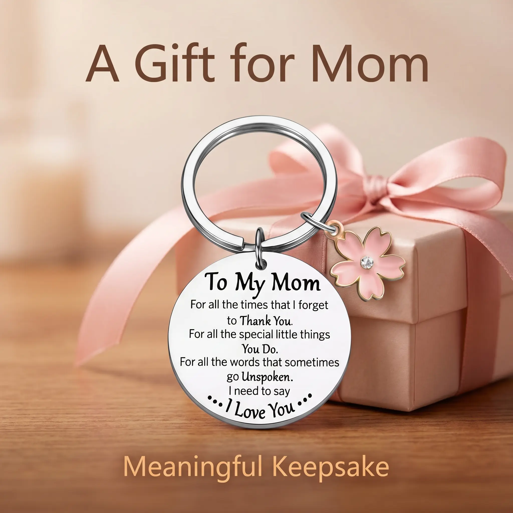 Women's Silver-Tone Engraved Metal Keychain, Cherry Blossom Rhinestone Decor Key Ring, Mother's Day Gift for Mom