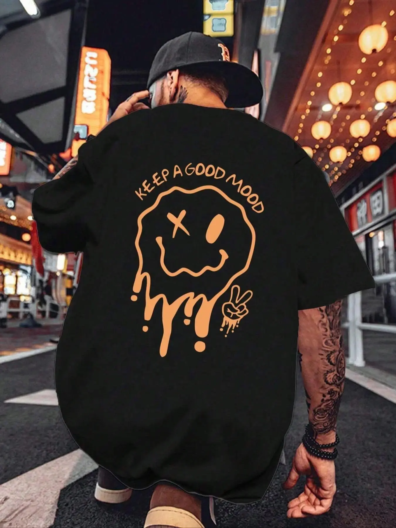 "Keep A Good Mood" Dripping Smiley Face Graphic T-Shirt, Vintage Melting Happy Face Print Oversized Crew Neck Tee, Unisex Short Sleeve Streetwear Cotton Top, Trendy Y2K Aesthetic Shirt for Streetwear Lovers, Mood Boost Fans and Casual Outfit Enthusiasts