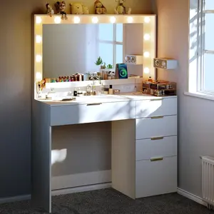 Makeup Vanity Desk with Large Mirror and 13 LED Lights, 39.3in Vanity Table with Power Outlet & 5 Drawers, 3 Lighting Color Adjustable, Vanity Desk for Bedroom and Dressing Room, violet
