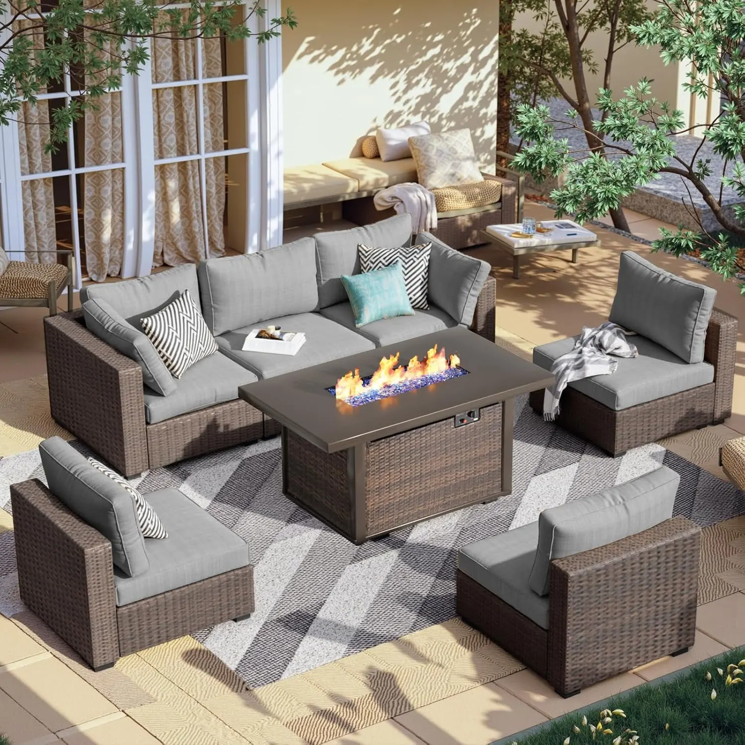 【1/2/3 packages shipping】  Grezone Patio Furniture Set with 42" Fire Pit Table,All-Weather Rattan Wicker Sofa Couch for Garden Backyard Deck Poolside,Throw Blanket,Easy To Maintain summervibes summerwins