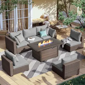【1/2/3 packages shipping】  Grezone Patio Furniture Set with 42" Fire Pit Table,All-Weather Rattan Wicker Sofa Couch for Garden Backyard Deck Poolside,Throw Blanket,Easy To Maintain
