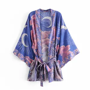 European and American style autumn women's clothing new wholesale rayon positioning water print belt kimono