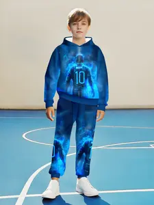 Boys Blue C Ronaldo Hoodie Set, Spring & Fall Casual Athletic Sport Style, Regular Fitted Long Sleeve Sweatshirt, Elastic Waist Pants