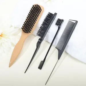 Boar Bristle Brush & Comb Set, 3pcs/4pcs Hair Styling Tool Set, Heatless Hair Styling Tool for Smooth Back Brushing, Detangling, Smoothing
