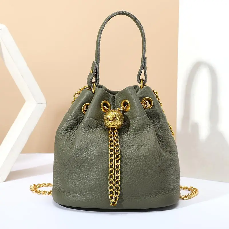 Ladies' First-Layer Cowhide Bucket Bag - Genuine Leather Shoulder Bag for Women with Gold-Colored Hardware, Detachable Chain-Studded Shoulder Strap, Contemporary Unique Purses, Multifunctional Multi-Way Fashion Accessory