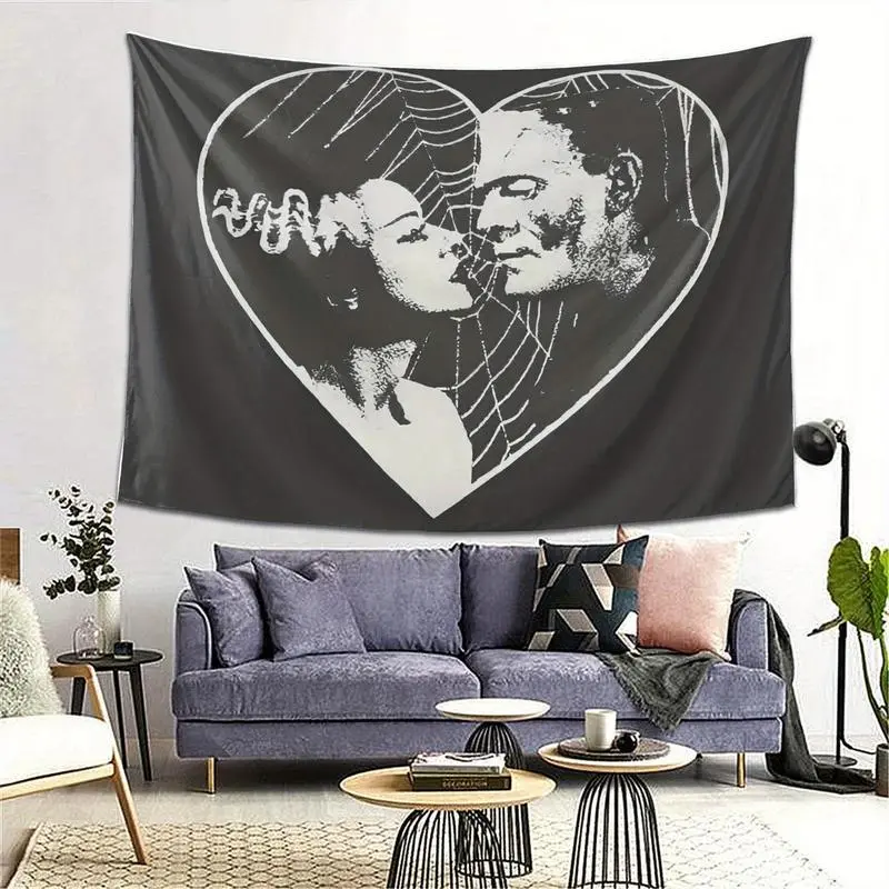 Frankenstein and Bride Classic Gothic Romantic Print Tapestry - Durable, Wrinkle Resistant Soft Polyester Fabric Indoor Wall Art, Adult Halloween Room Decor, Horror Lover Gift, Alt Room Art Banner