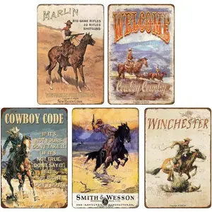 Vintage Western Cowboy Metal Sign Rustic Cowboy Metal Wall Art Tin Signs for Bar, Garage Man Cave Farmhouse Country Home Western Theme Decorations 8x12 Inch 5PCS