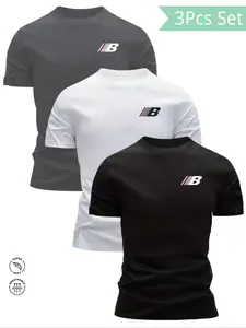 3pcs Men's T-Shirts Slim Fit Short Sleeve - Summer White, & Black with Logo Print (IB Logo-like) - Breathable Casual Crew Neck Tees for Casual Attire, Gym, Workout & Office - Soft Round Neck Shirts