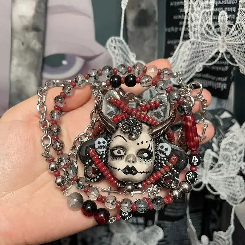 Double Layer Gothic Devil Horn Sugar Skull Doll Necklace - Red-Black Beaded Cross Charm Grunge Alt Punk Statement Necklace for E-Girls