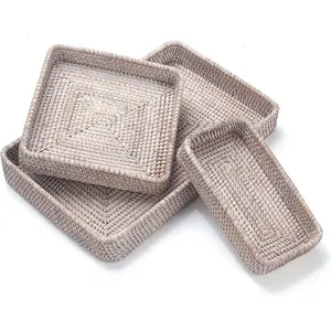 Rattan Serving Tray, Rectangular Woven Tray, Natural Wicker Decorative Serving Baskets for Organizing Tabletop Bathroom Kitchen Counter (White)