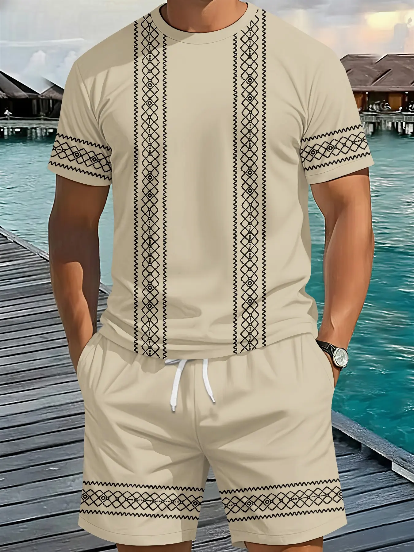 Ethnic pattern men's 3D digital printed two-piece set, 2Pcs, Top, trendy, Stylish and fashionable set, trendy retro casual two-piece set, Tropical vacation-style trendy outfit, breathable sporty and casual style, a perfect holiday gift for men